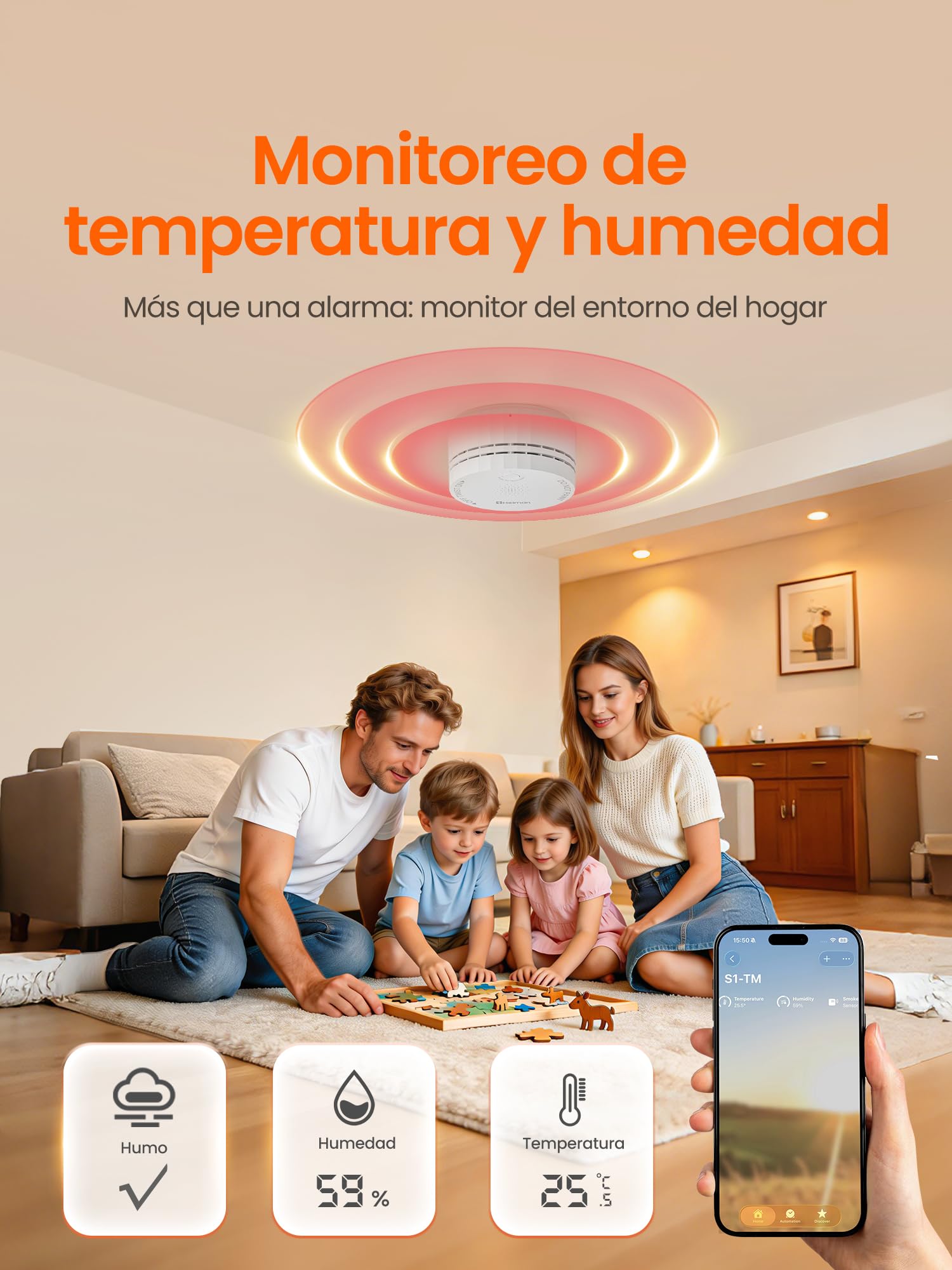 Heiman Detector de humo mate, detector de humo inteligente con hilo, sensor fotoeléctrico, notificaciones de aplicaciones, alarma de 85 dB, funciona con pilas, EN 14604, compatible con Apple Home