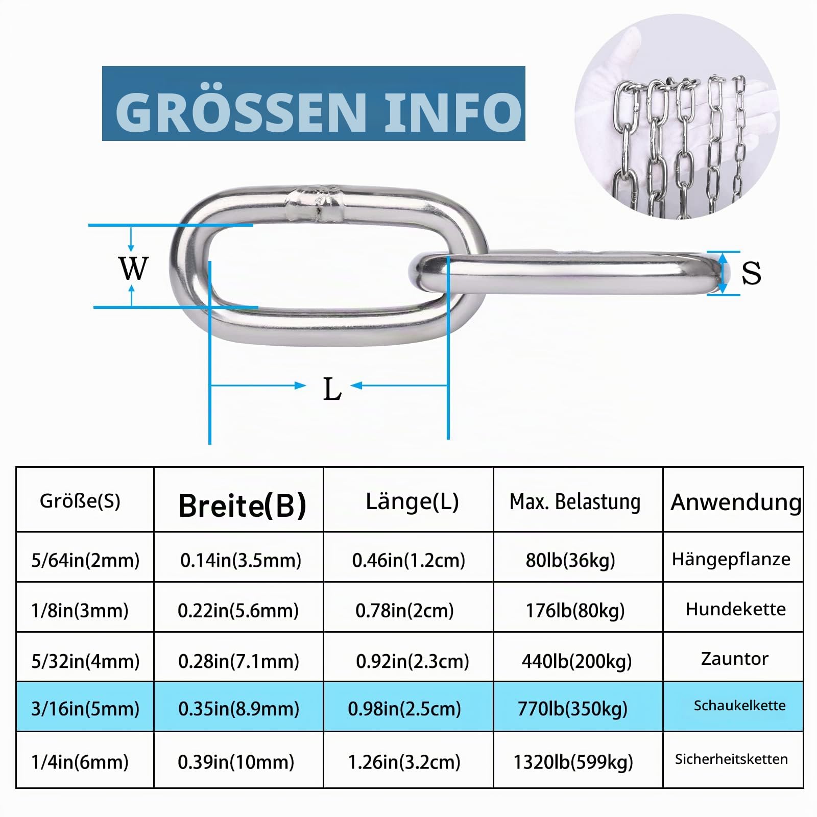 Edelstahl Ketten, 5m 5mm Starke Edelstahlkette Baumarkt in Vielen Längen und Stärken bis 350Kg belastbar für Hundekette, Kette Hängesessel, Absperrketten, Kette Zum Aufhängen, Lampenkette