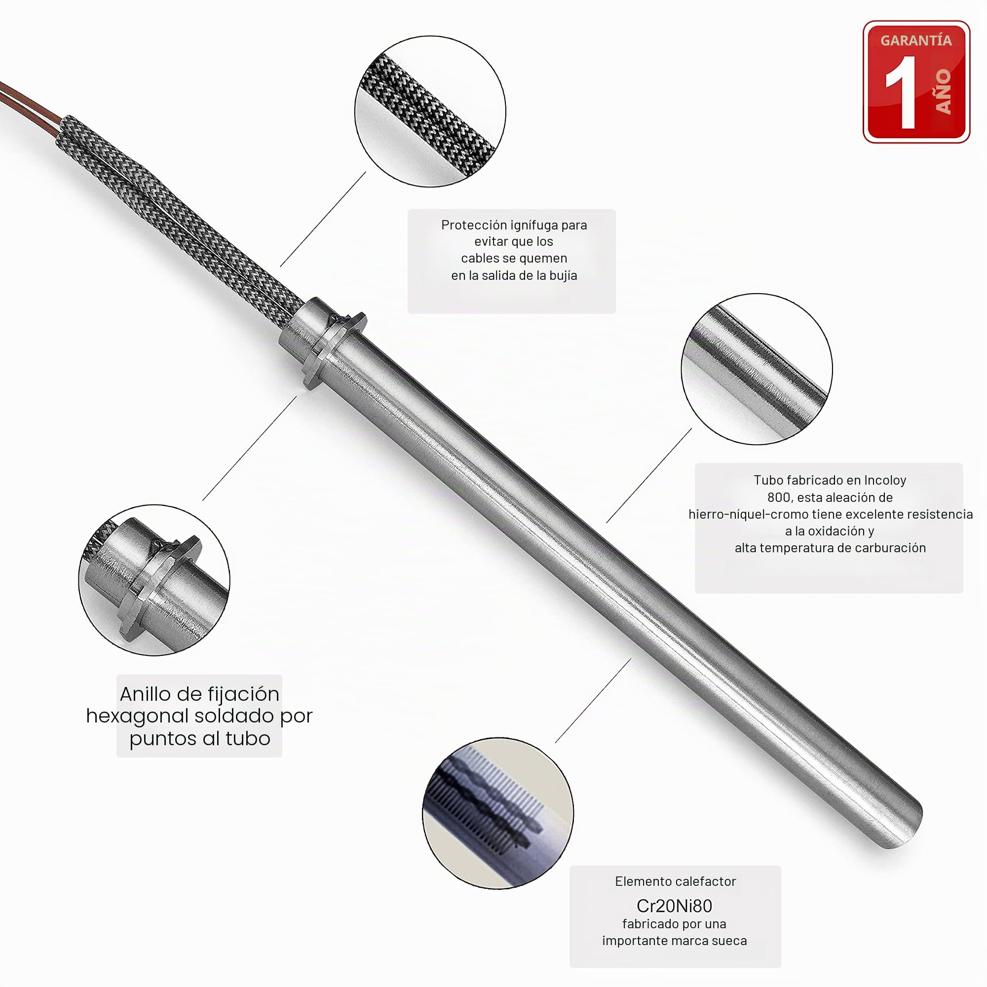 Resistencia para estufa de pellets, 350 W, 160/170 mm, diámetro 12,5 mm, con anilla con bornes - 1 año de garantía
