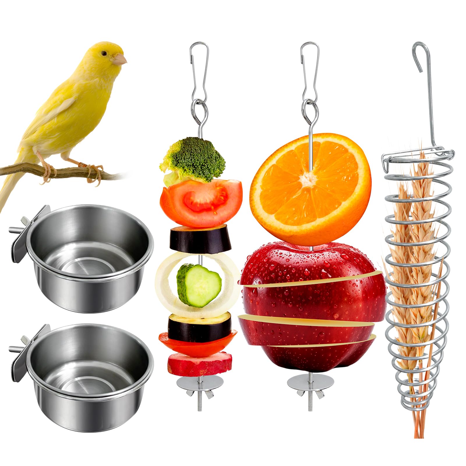 5Pcs Bird Cage Food Bowl Set, Stainless Steel Millet Holder with Parakeet Feeder, Pet Feeding Supplies