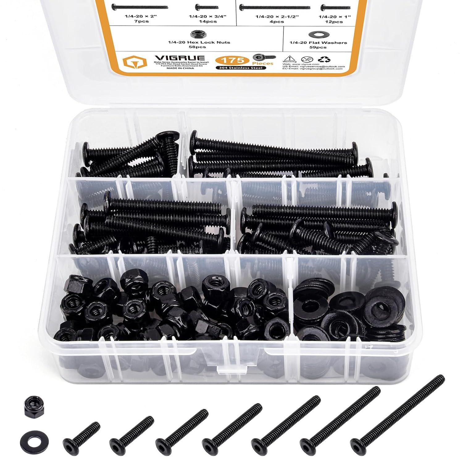 VIGRUE 175PCS 1/4-20 Flat Socket Head Screw Assortment Furniture Bolts Countersunk Screws Lock Nuts Kit, Stainless Steel 18-8 (304), Black Oxide, Length 3/4" to 3"