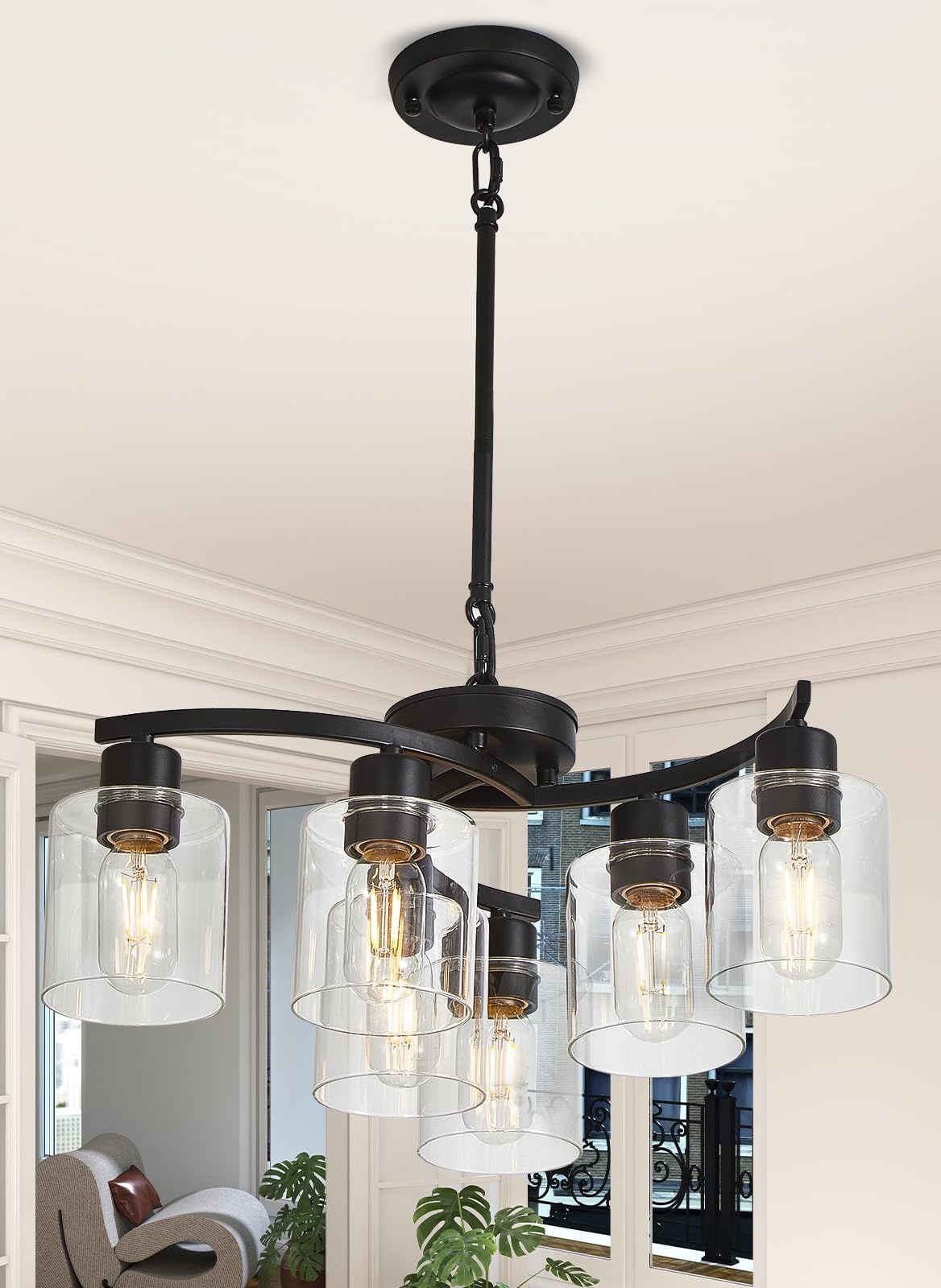 6 Light Contemporary Chandelier Black Modern Farmhouse Chandelier Hanging Lighting Fixtures Industrial Pendant Ceiling Light with Clear Glass Shade Ceiling Light Fixtures for Dining Room Living Room