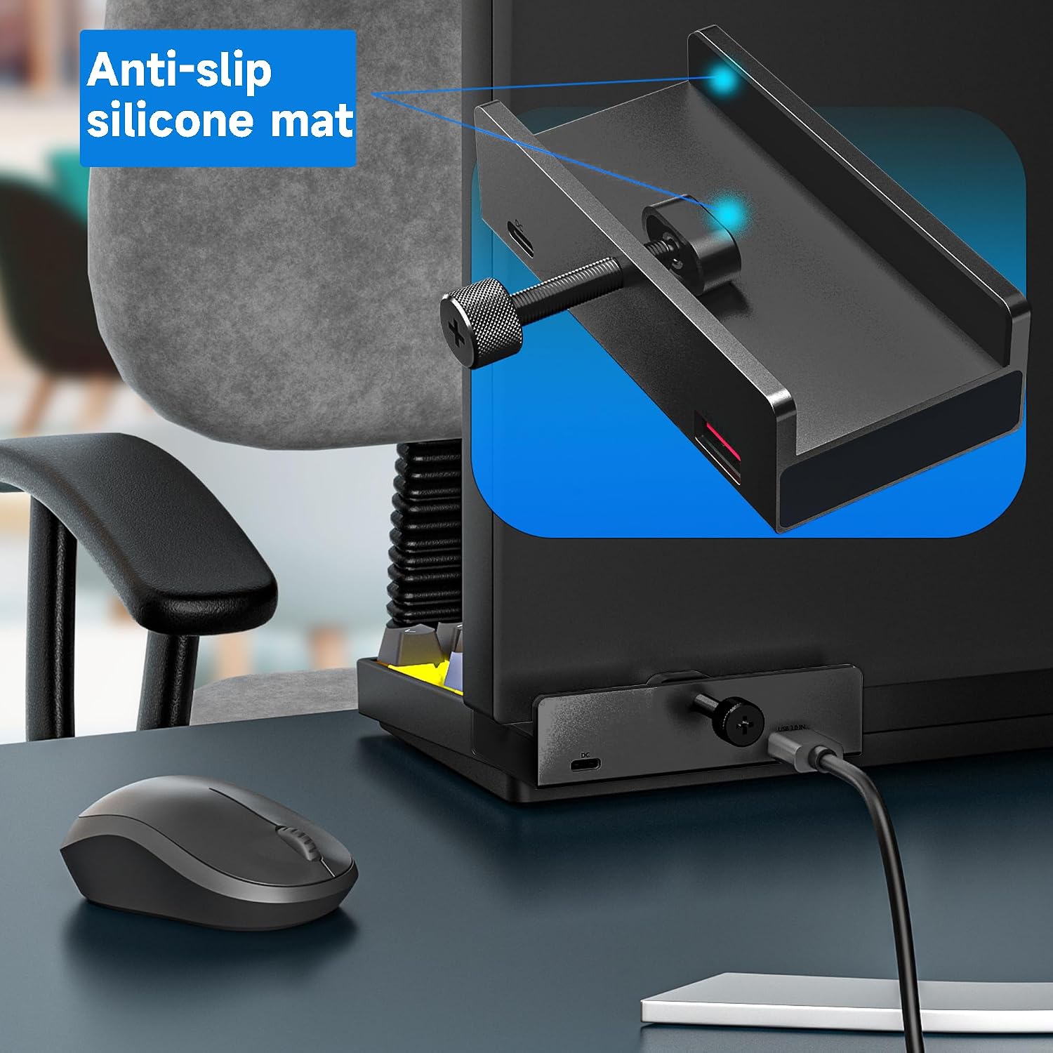 USB C Hub Clamp Aluminum 2-Port USB 3.0, USB C Data Port, SD/TF Card Reader for 0.39''-1.18'' Thickness Desktop PC, Desks,Monitor Stand Desktop Powered USB Hub and Cell Phone Holder (Black)
