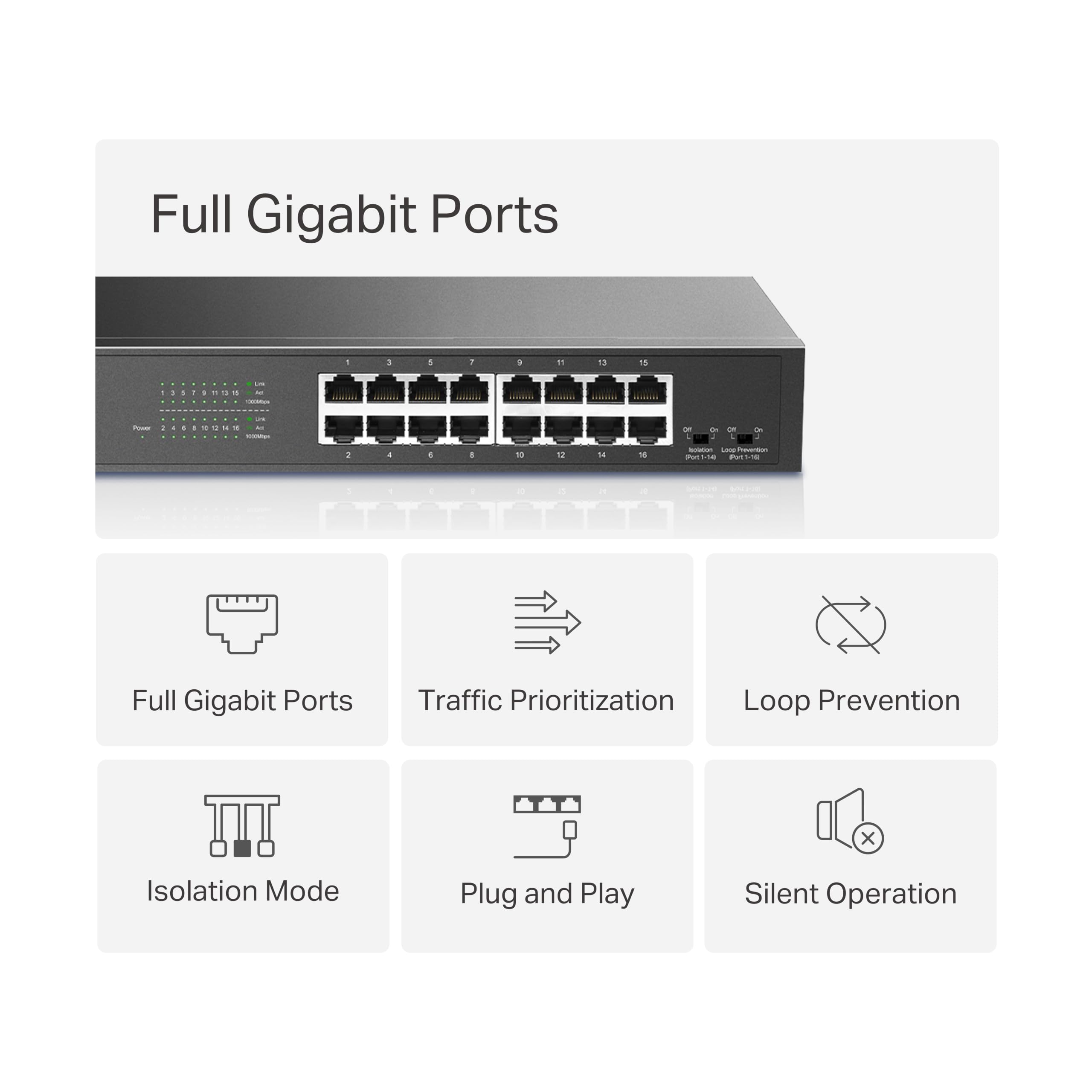Mercusys MS116GS Switch Gigabit 16 Puertos, Montaje de Escritorio o Bastidor, Plug & Play, prioridad de tráfico, prevención de Bucle, Modo de Aislamiento, Funcionamiento silencioso, Carcasa de