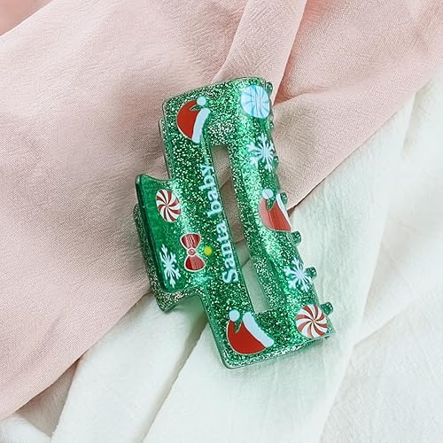 Miniatura 5 de Pinzas de pelo de Navidad para cabello grueso, lindas pinzas para el cabello con purpurina verde, diseño de sombrero de Navidad, horquilla de copo