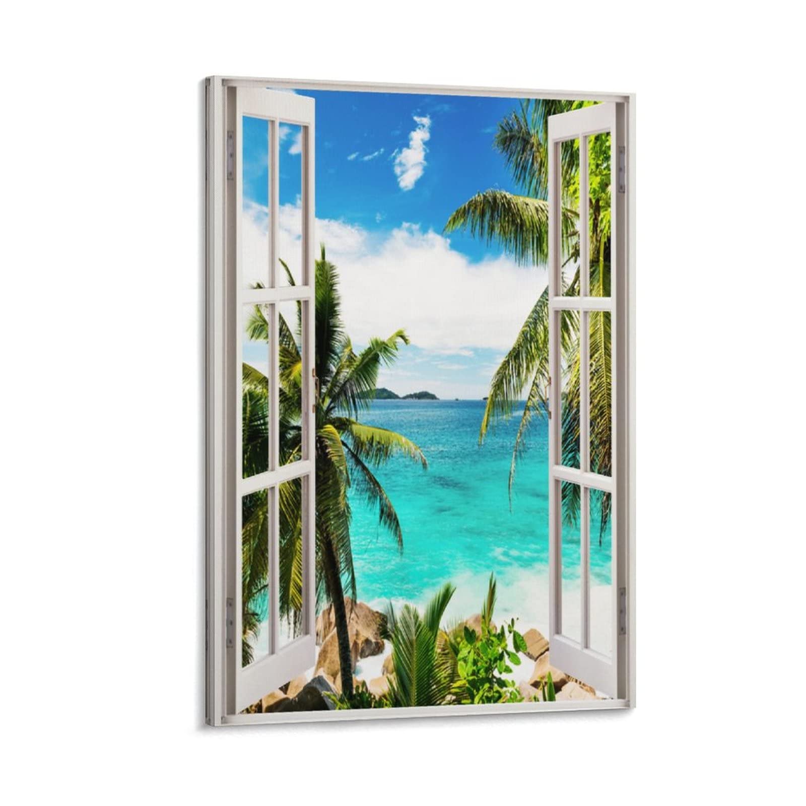 Kazynee Summer Ocean Landscape Tropical Canvas Poster，Beach Palm Trees Blue Sky Open WindowDecor Poster for Living Room Bedroom Home Decorations