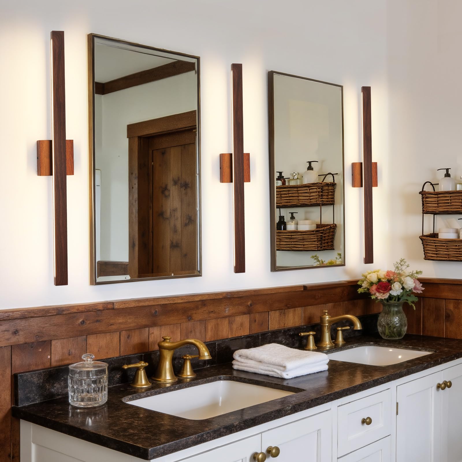 Moderna lampada da bagno sopra lo specchio, 81 cm, finitura in legno marrone, barra luminosa da 26 W, dimmerabile, 5 CCT, luci LED per illuminazione da parete del bagno sopra lo specchio