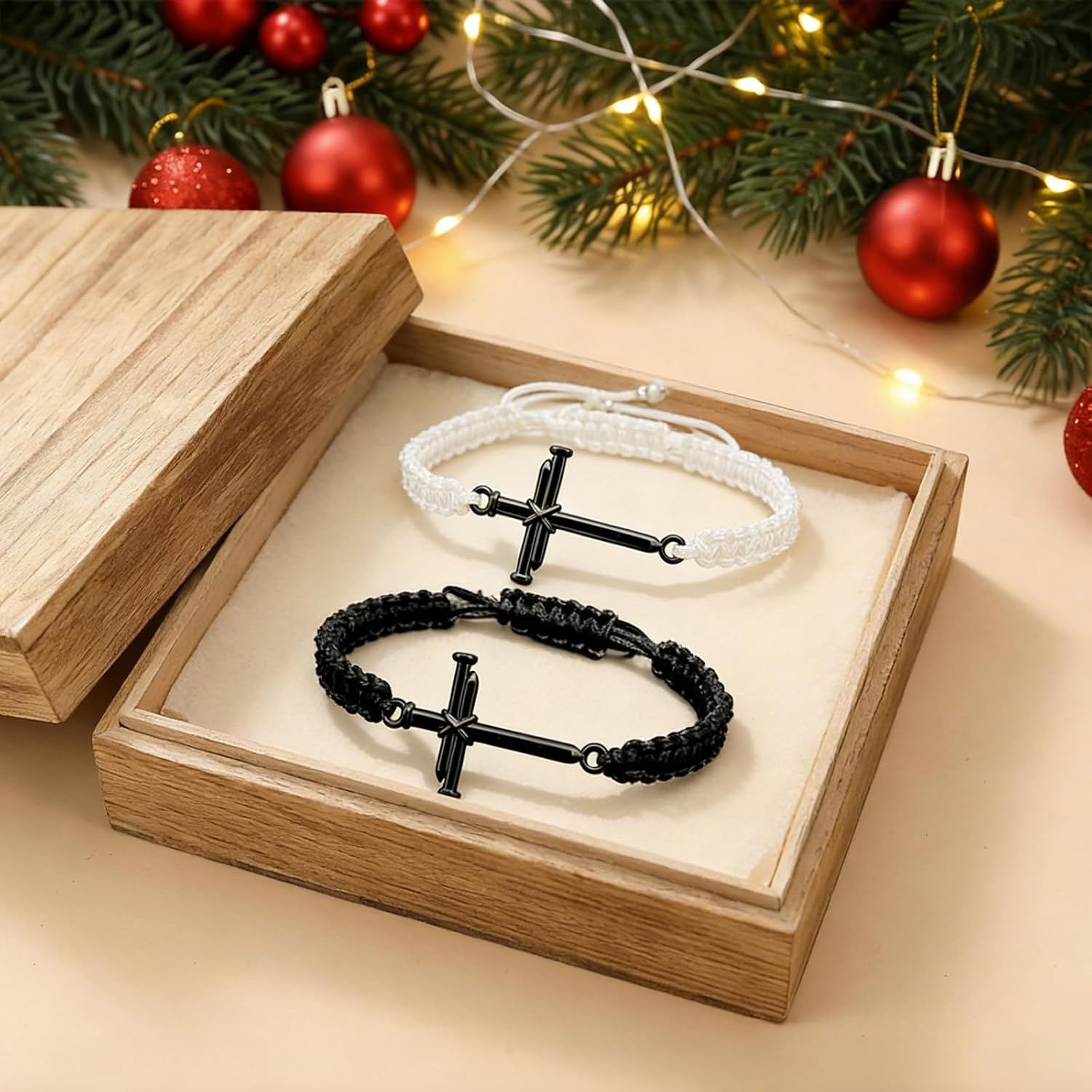 Handmade Adjustable Cross Bracelet 2 Pack – Stainless Steel Cross with Black & White Nylon Cord – Christian Religious Jewelry for Men Women – Friendship Gift for Teen Girls Boys