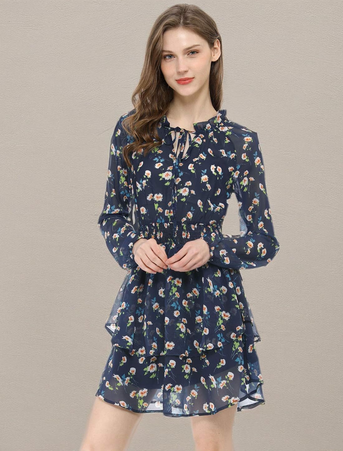 Allegra K Women's Ruffled Floral Smocked Waist Layered Tiered Chiffon Dress - Image 7