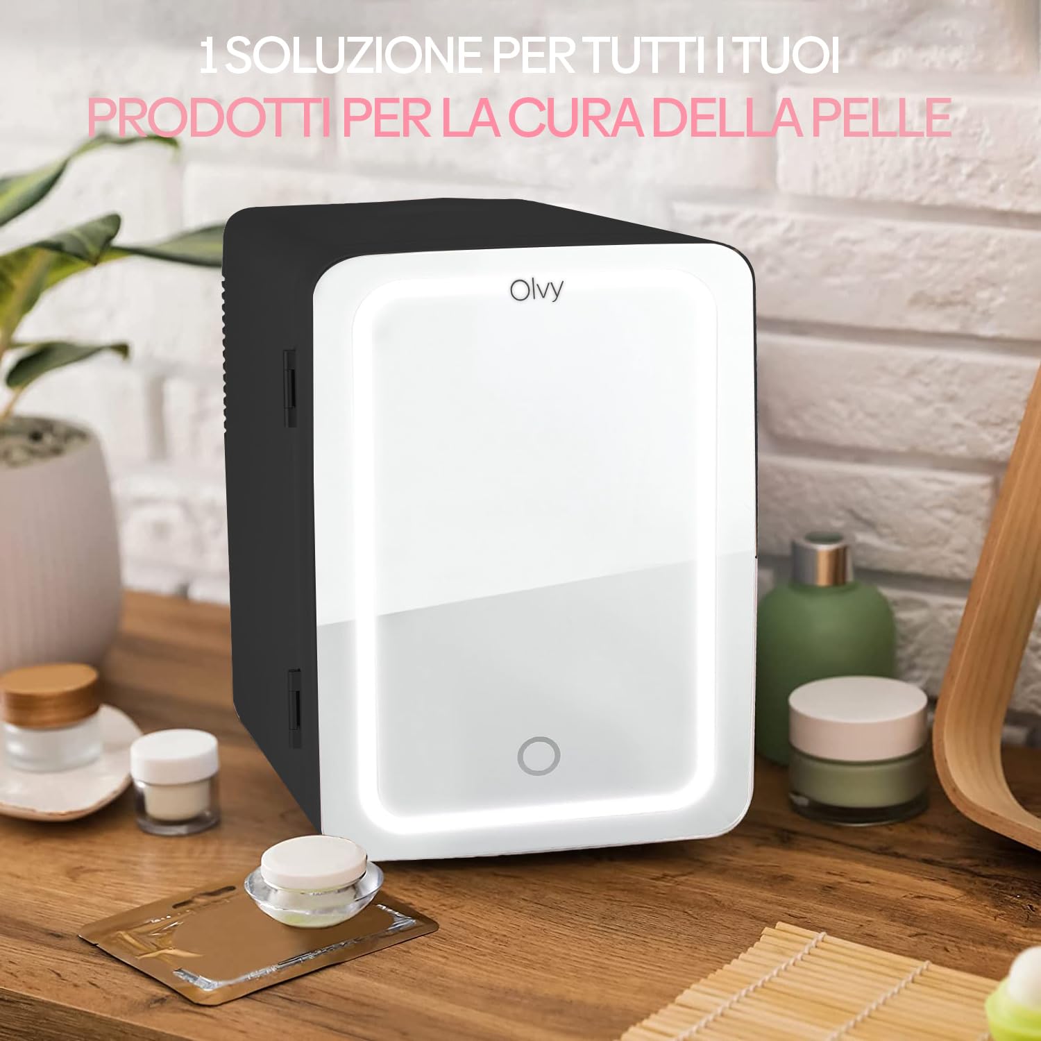 Olvy Frigorifero Cosmetico da 4 Litri, Mini Frigo Portatile con Specchio a LED, Piccolo Frigorifero per Skincare, Raffreddamento e Riscaldamento, per la Camera da Letto, Nero