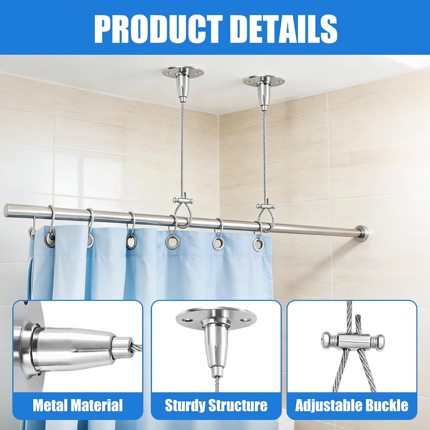 2PCS Adjustable Ceiling Curtain Rod Bracket 59'' Closet Rod Support Bracket
