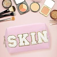 Vista 4 de Bolsa de maquillaje Gosuoa con parche preparado, bolsa de cosméticos de piel sintética con diseño de sonrisa y relámpago, bolsa de aseo portátil