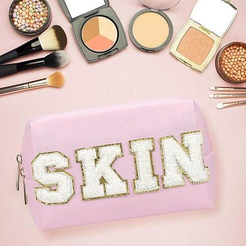 Miniatura 4 de Bolsa de maquillaje de parche de piel sintética, portátil, impermeable, para cosméticos, uso diario, para mujeres y niñas, rosado (Pink Skin),