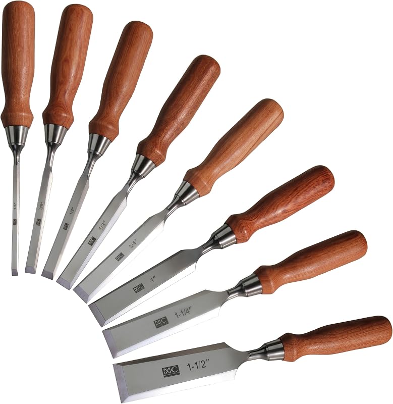 8 Pcs Bevel Edge Wood Chisel Set 1/4'(6mm), 3/8'(10mm), 1/2'(12mm), 5/8'(16mm), 3/4'(20mm), 1'(26mm),1-3/16'(30mm),1-9/16'(40mm) with rosewood Handles, Stainless Steel Ferrules, mirror polishing blade