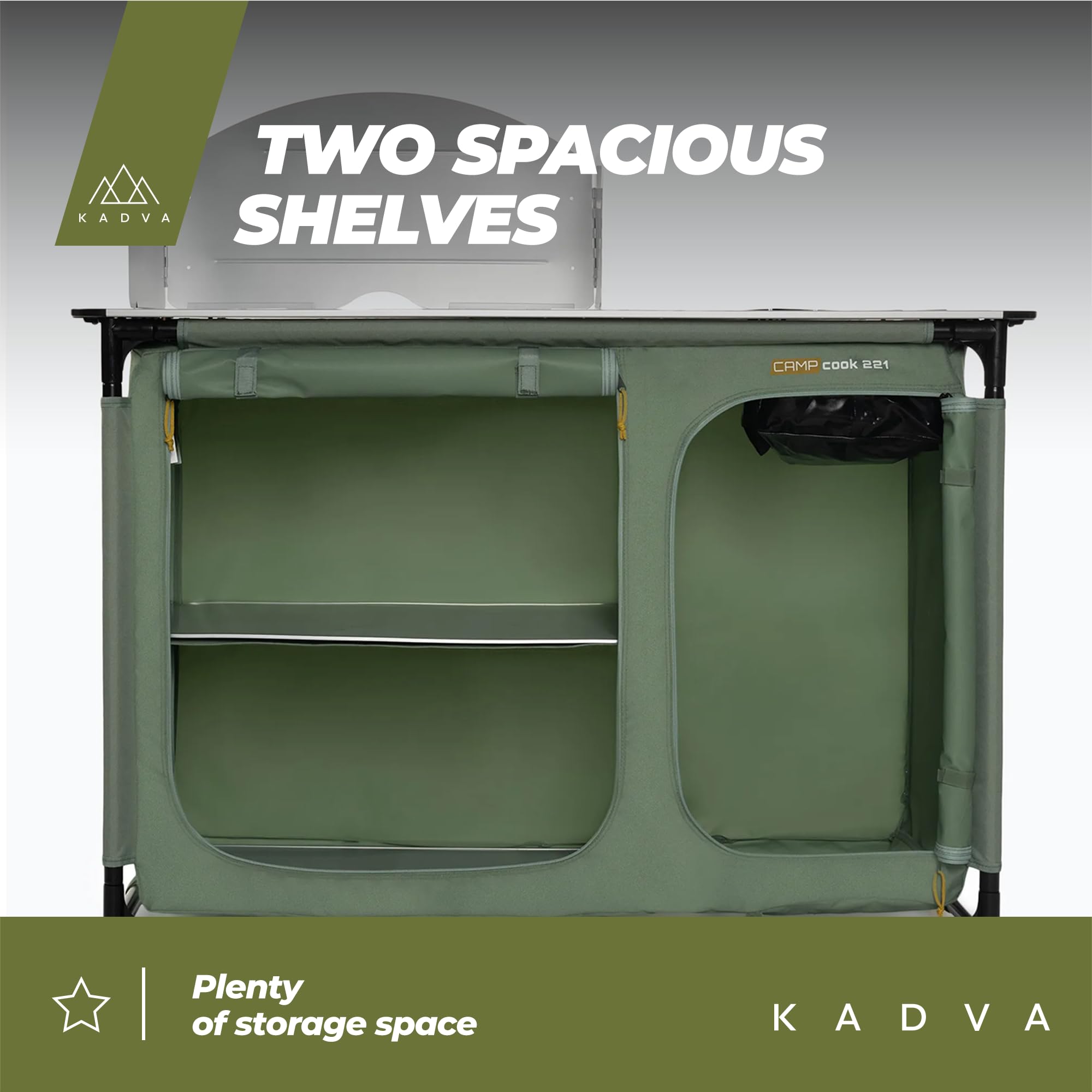 KADVA CAMPCook 221 Camping Küchenschrank faltbar 48,5x121x83,5 cm Campingschrank aus strapazierfähigen Materialien Leichte und stabile Konstruktion Einfacher Aufbau und Transport Farbe Grün