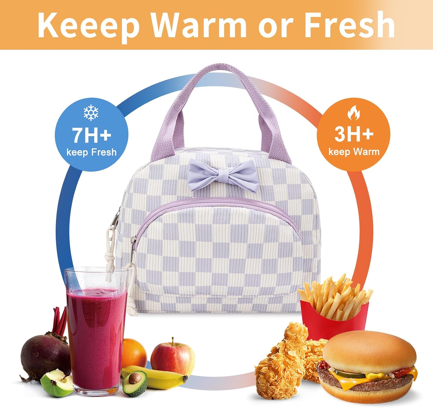 GASSDA Lunch Box for Women Insulated Lunch Bag Women Cute Reusable Corduroy Leak Proof Lightweight Cooler Tote with Front Pocket for Work Picnic Trave (Purple Plaid)