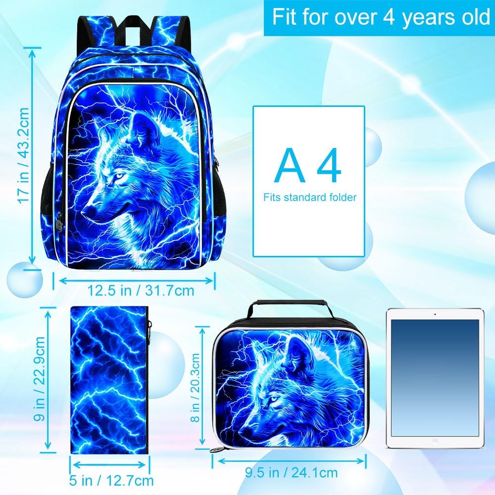 17" Wolf Backpack for School, Kids Boys Lightning Bookbag with Lunch Box, 3Pcs Backpacks for Elementary Preschool Kindergarten (Blue)
