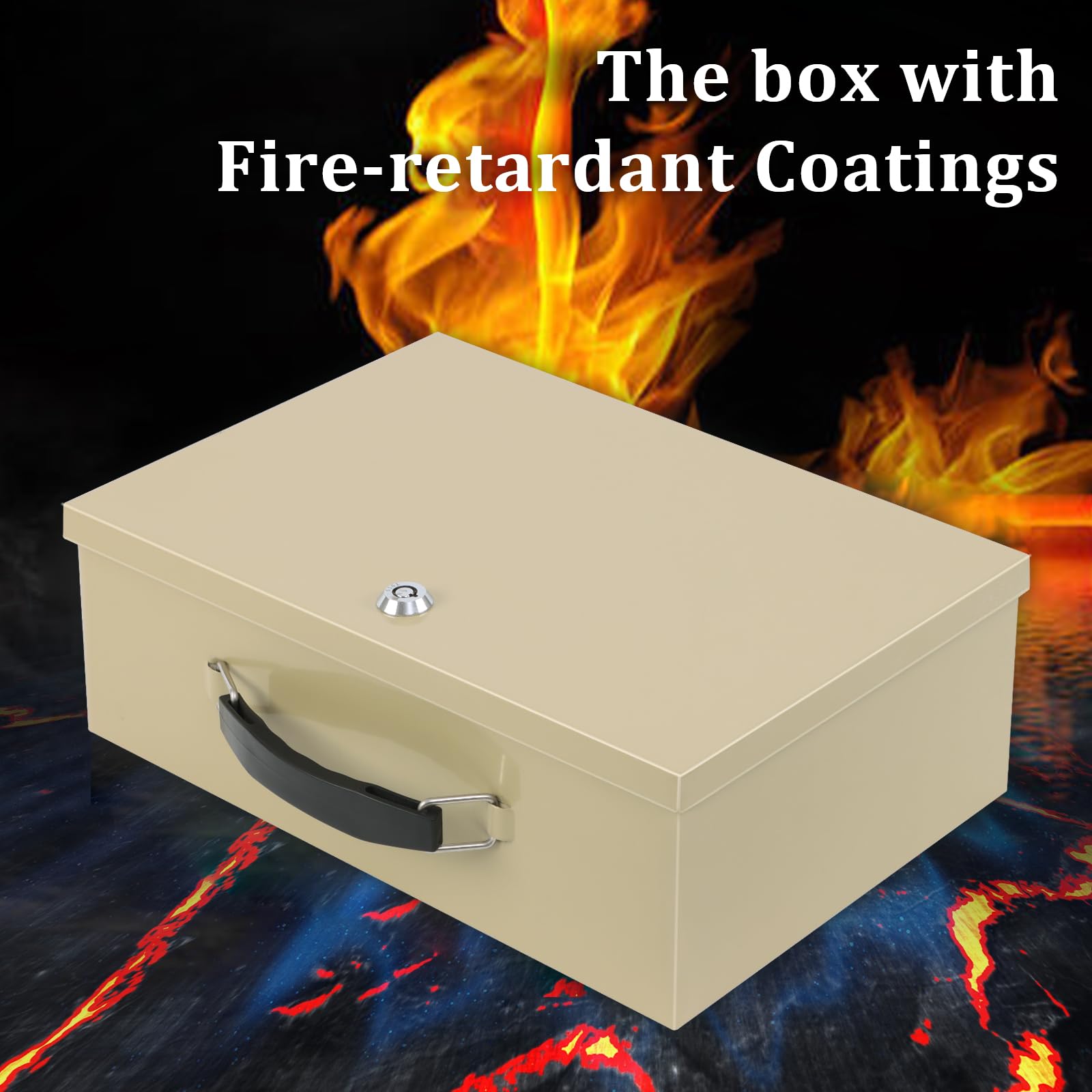 Dalmbox Portable Fire Safe Box with Key Lock, 13.2�x 11�x 5.1'', Fire Resistant Metal Storage Box, Lock Box for Documents, Safety Deposit Box for Home, Outside, Car, X Large, Sand