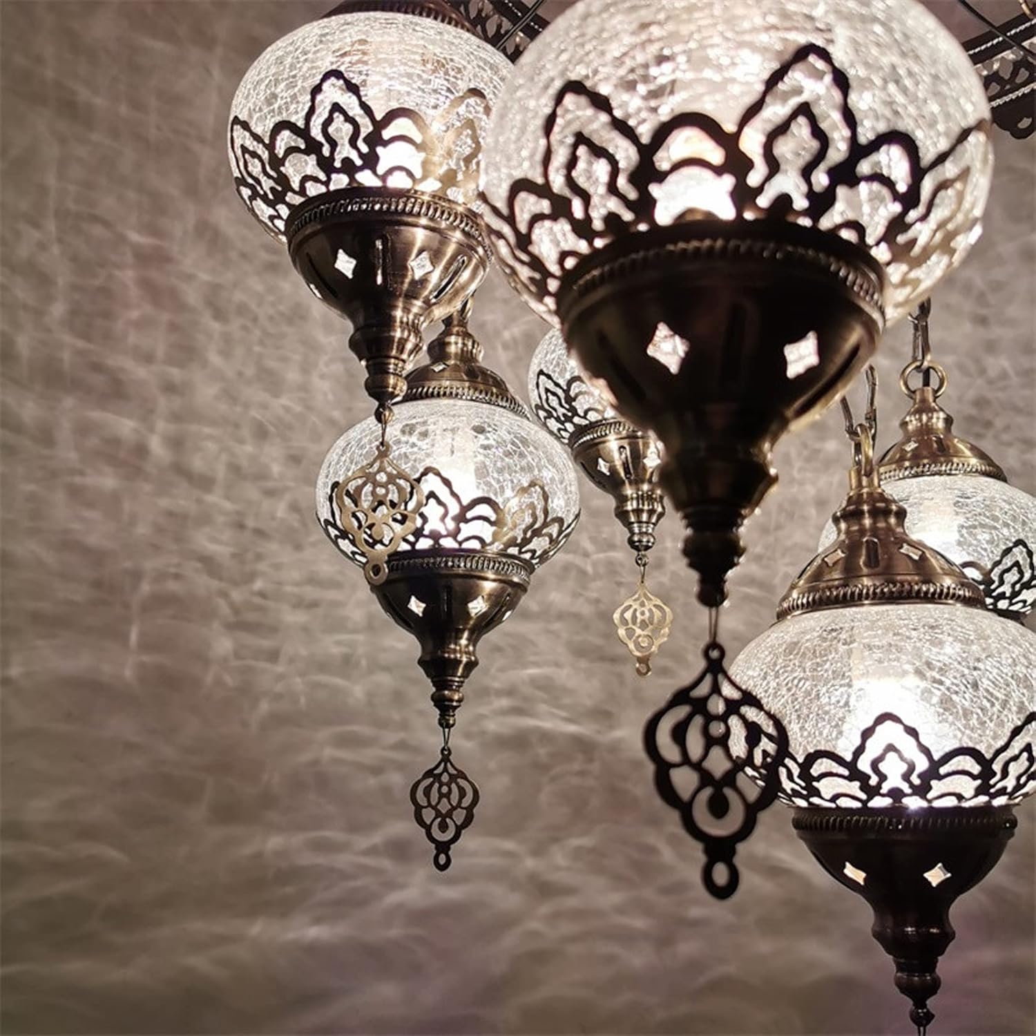 Turkish Moroccan Mosaic Boho Hardwired Chandelier Light Ceiling Hanging Lamp Pendant Fixture Lighting, 9 Big Globes for Bedroom Kitchen Dining Room Bar Living Room Decorative Lighting