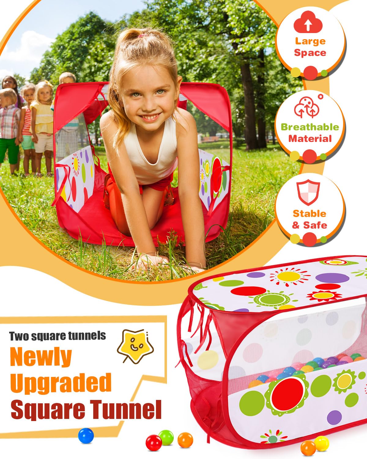 MAIKEHIGH Tunnel Gioco per Bambini, 4 en 1 Pop Up Tenda con Pieghevole Piscina Palline Interno Esterno Giardino Gioco Ragazzi Ragazze Compleanno Regalo | Pieghevole Piscina Palline Interno Esterno Giardino Gioco Ragazzi Ragazze Compleanno Regalo