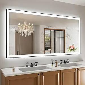 Amorho 72"x 32" LED Bathroom Mirror with Black Frame, Front Light and Backlit(Controlled Separately), Stepless Dimmable, Anti-Fog, Shatter-Proof, 3 Colors, Memory