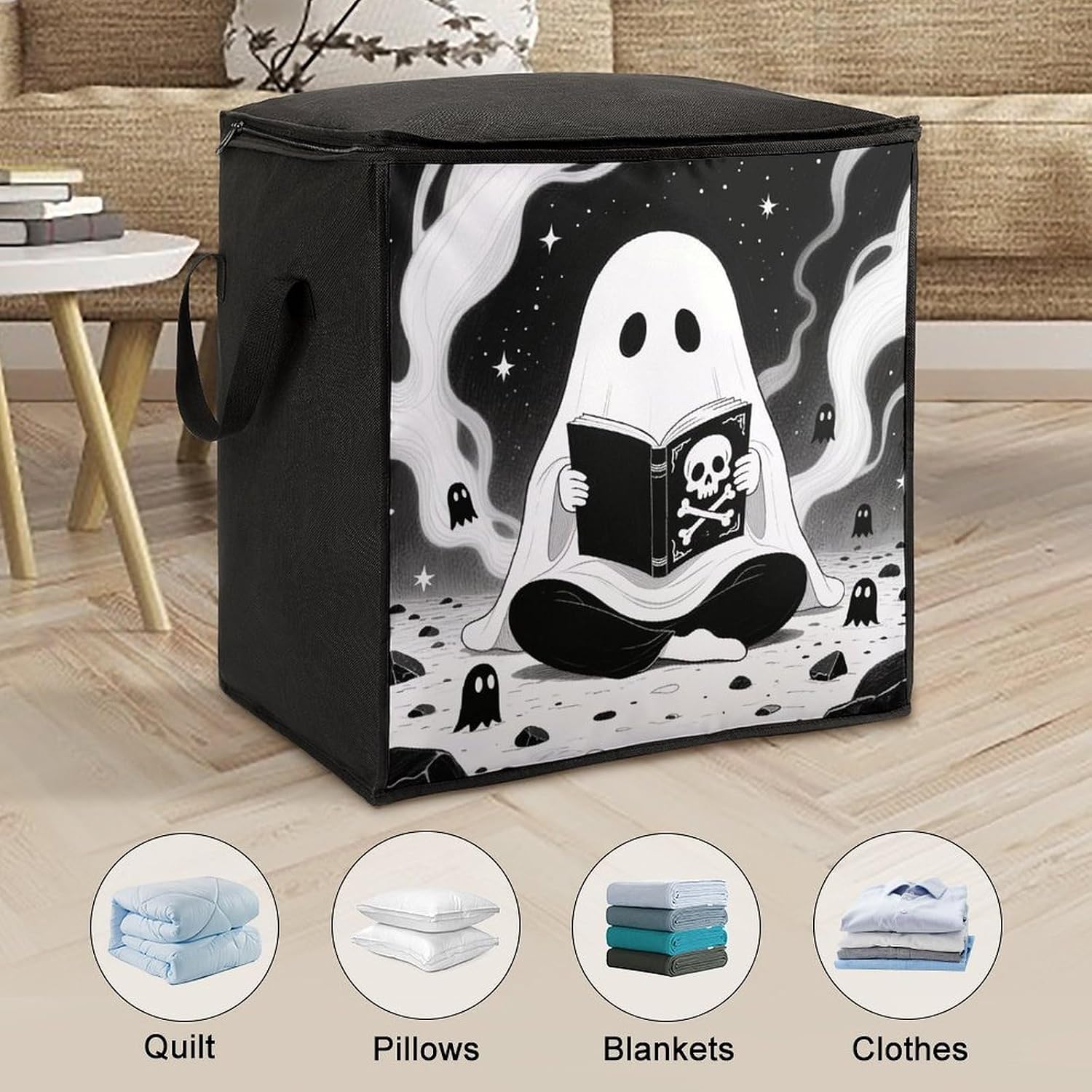 Black Cute Ghost Storage Bag with Zippers And Handle Extra Large Bedding Comforter Storage Bag Foldable Blanket Storage Bags Fabric Moving Bags for Closet Organizer (70L)