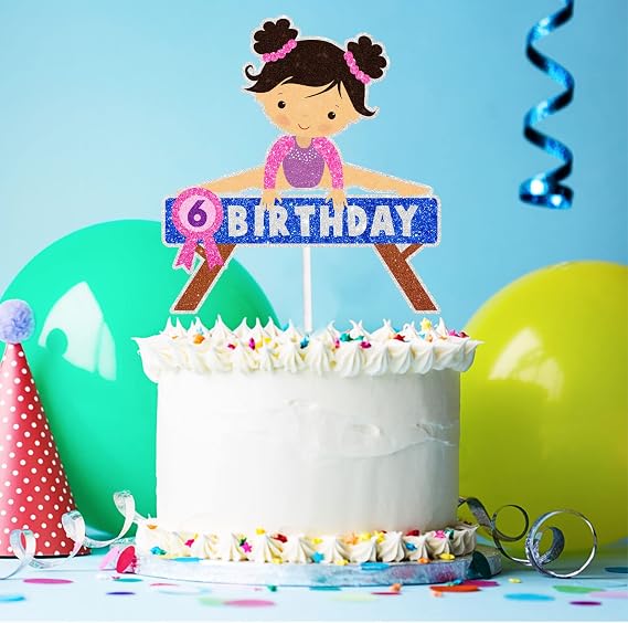 Girls Gymnastics Cake Topper 6th Birthday Happy Flip, Tumble, Spin Decorations, Boys and Girls Gymnast Birthday Party, Gymnastics Party Decorations, Birthday Gifts for Kids. SugarGera