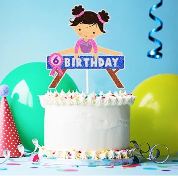 Girls Gymnastics Cake Topper 6th Birthday Happy Flip, Tumble, Spin Decorations, Boys and Girls Gymnast Birthday Party, Gymnastics Party Decorations, Birthday Gifts for Kids. SugarGera