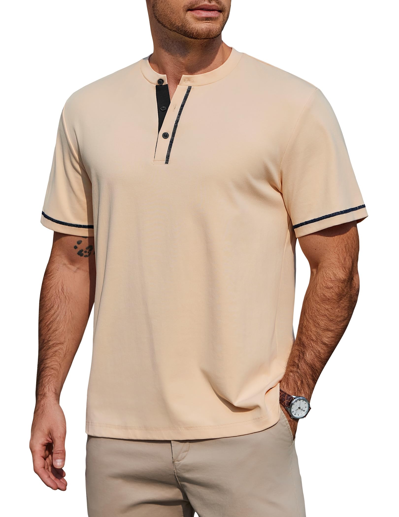 COOFANDY T-Shirt Herren Henley Shirt Kurzarm 95% Baumwolle Sommershirt mit Knopfleiste Color-Blocking Basic Tee