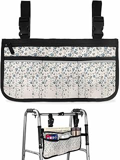 Blue Grey Florals Wheelchair Side Bag Walker Bag, Spring Weeping Flowers Linen Texture Wheelchair Accessories Armrest Pouch, Organizer Storage Bag for Walkers, Rollators, Scooters, 7.3'x13'