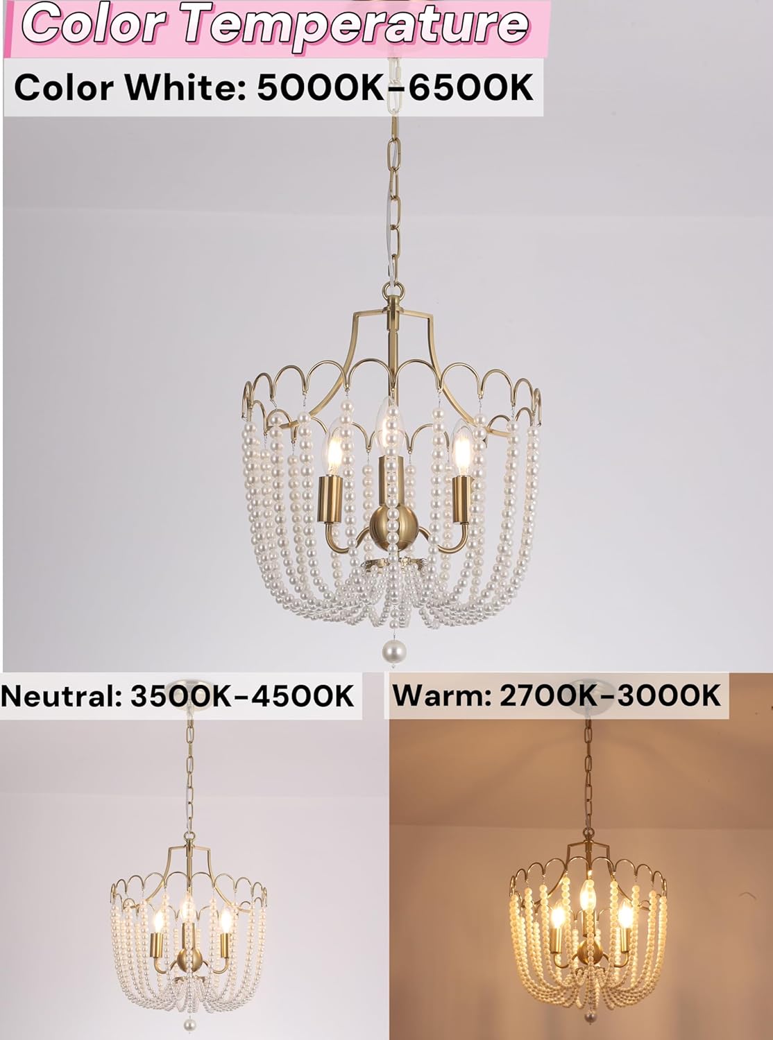 3-Light Gold Pearl Chandelier for Kitchen Island, Elegant Beaded Chandelier for Bedroom, Small French Country Chandeliers, Hand-Forged Half-Drum Luxury Light Fixture for Entryway, Hallway