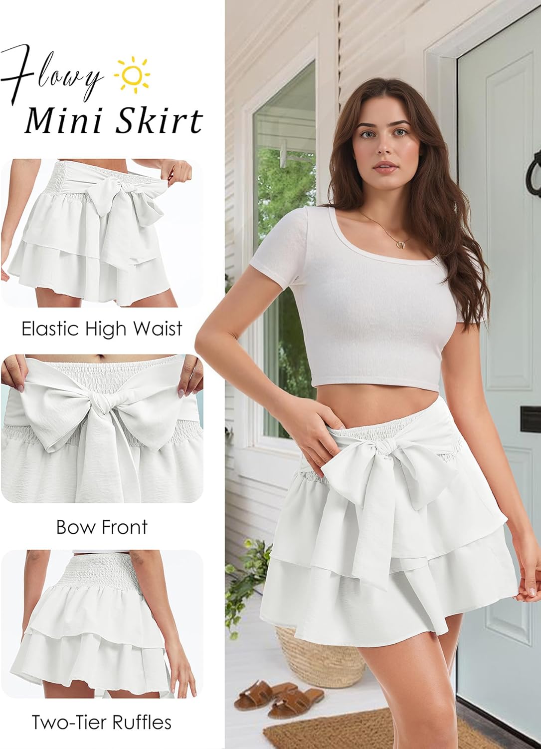 Women's Bow Mini Skirt Flowy High Waisted Ruffle Hem Short Skirts Cute Boho A-Line Layered Skater Skirt - Image 6