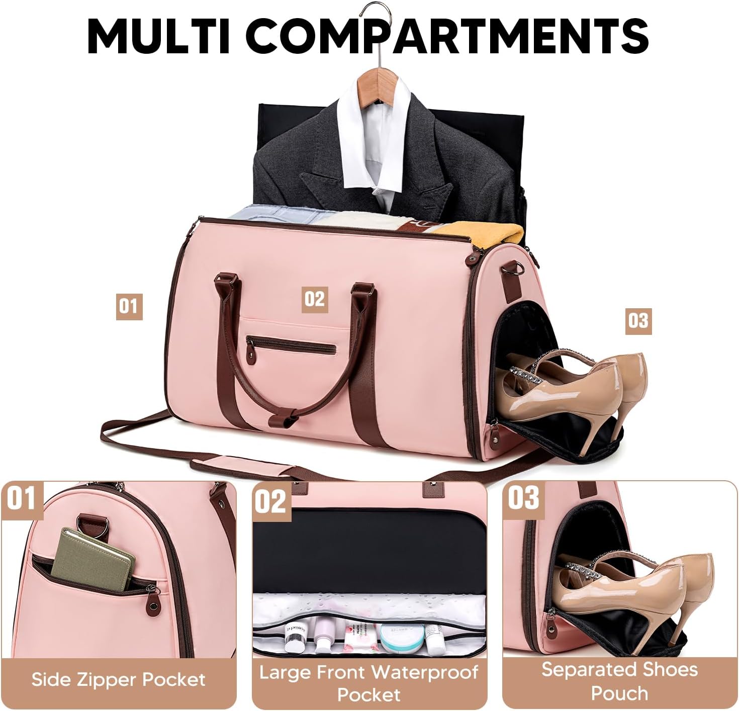 Garment Bag for Airplane Travel,Weekender Travel Bag for Women, 2 in 1 Convertable Garment Duffle Bag with Shoes Compartment Carry on Bag Hanging Garment Bag Travel with Shoulder Strap,Pink - Image 3