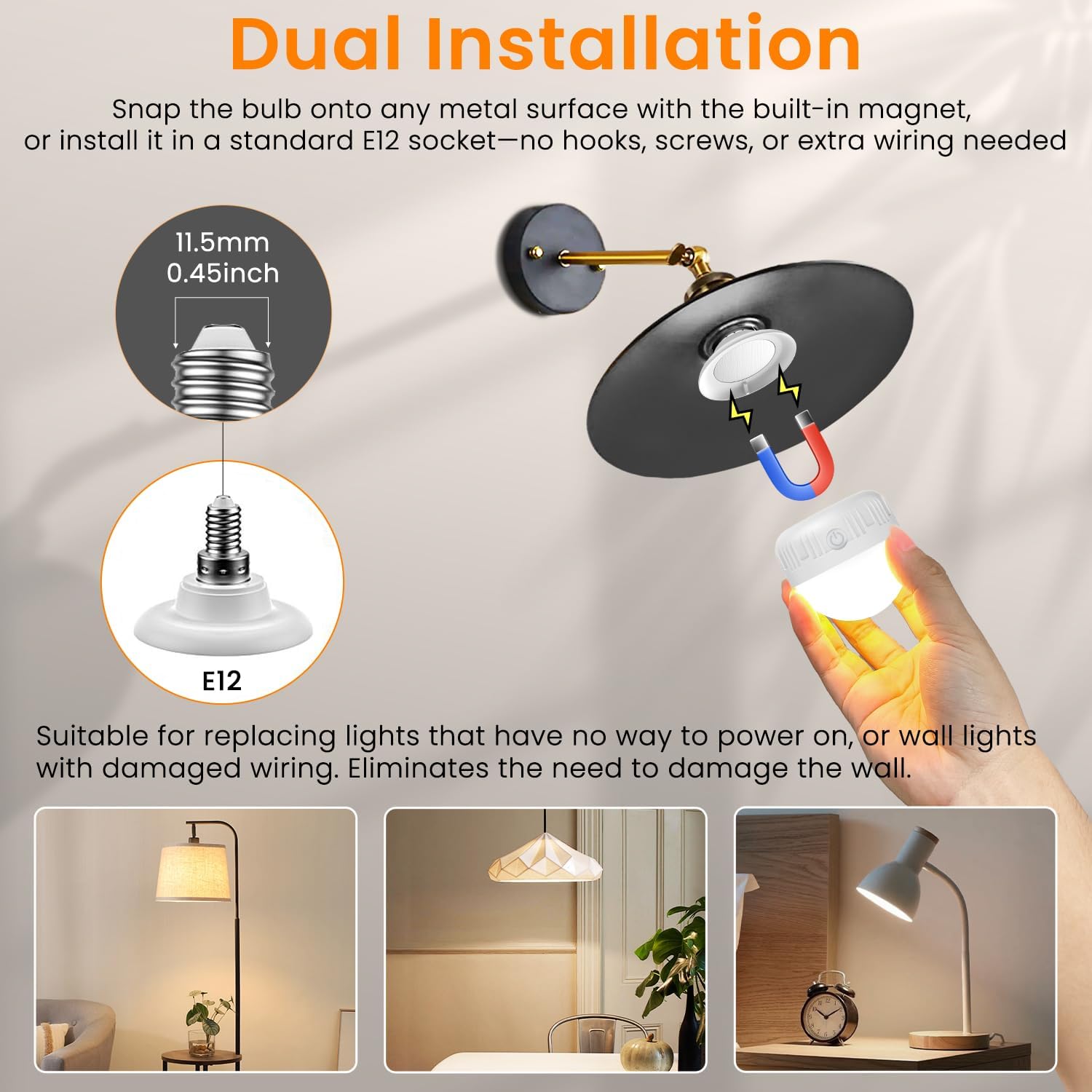 2Packs E12 Rechargeable Light Bulbs with Remote Control, 5W 350lm Magnetically Battery Operated Light Bulbs with 3 Color Temperature, Timer, Dimmer for Non-Hardwired Candle chandeliers Candelabra lamp