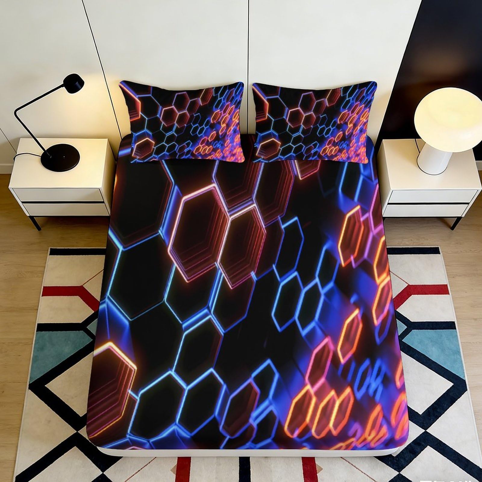 3D Printed Neon Hexagon Fitted Sheet Microfiber Durable Soft Bed Cover with Geometric Pattern Mattress Cover for Bedroom Dormitory Guest Room 160x200x25cm