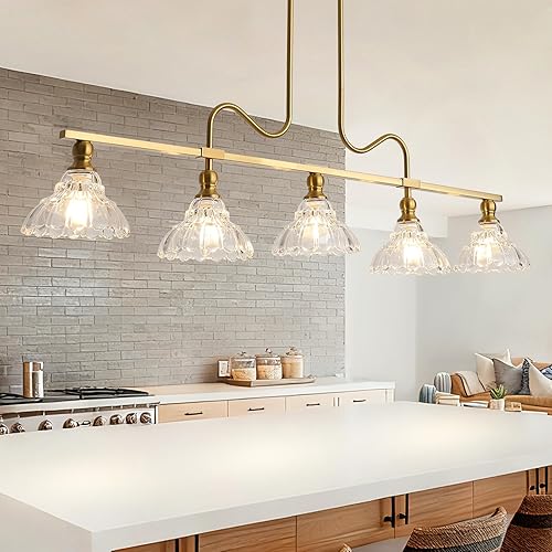 Lámpara de araña vintage, 5 luces colgantes de latón, iluminación de isla de cocina con pantalla de vidrio de flores, lámpara colgante de techo para