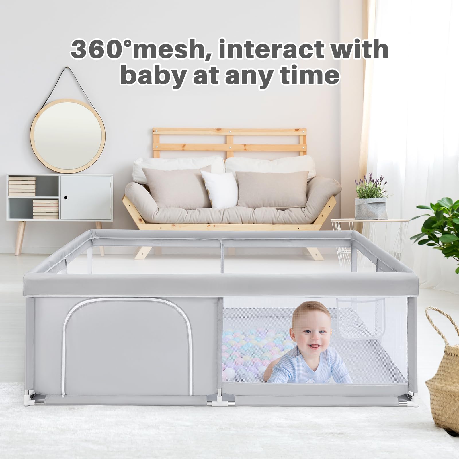 BEJOY Box per Bambini, 150 cm Compatto e Resistente, Protezione in Schiuma, Antiscivolo, Porta Rotonda con Cerniera, Rete Traspirante Trasparente Centro Attività per Neonati e Bambini Piccoli