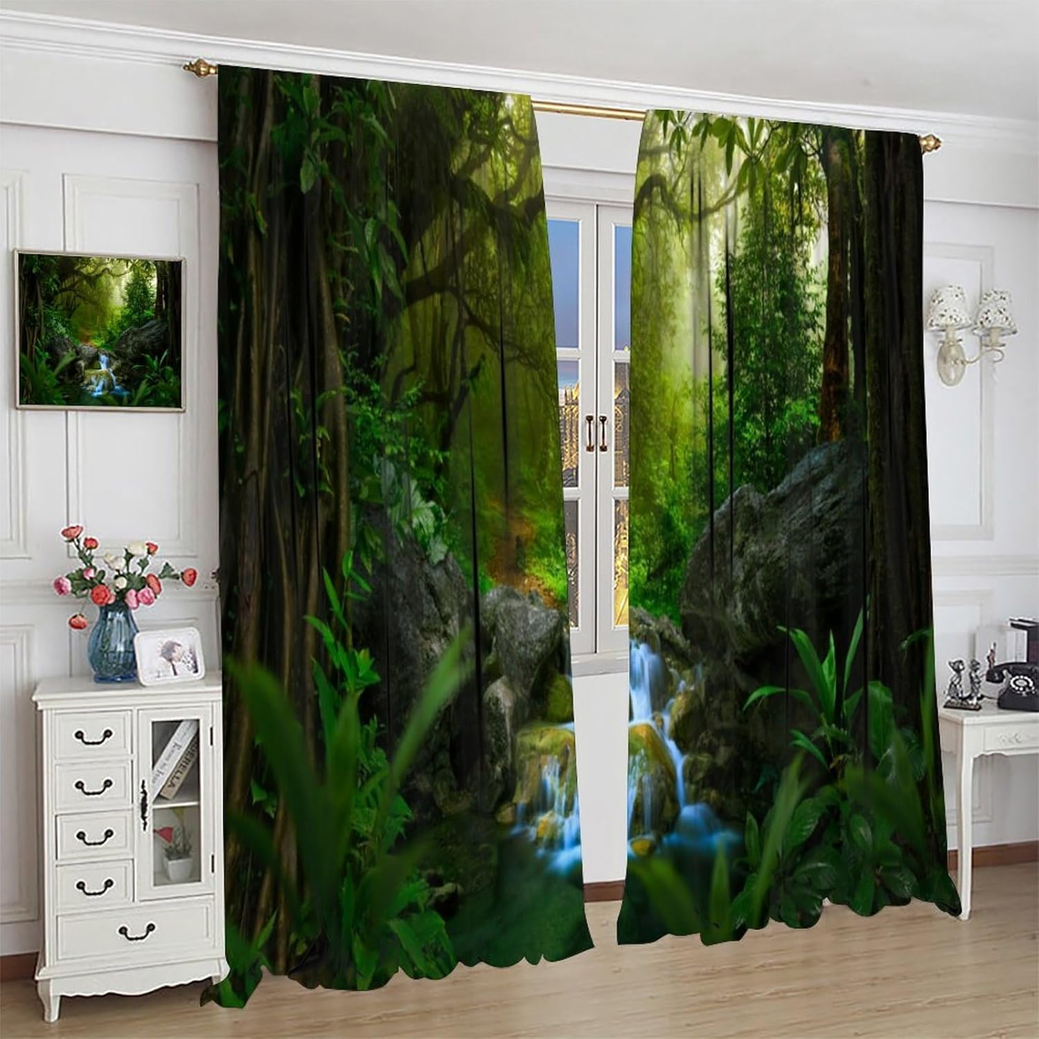 Tropical Forest Curtains Rod Pocket Nature Rainforest Waterfall Green Tree Landscape Scenery Printed Window Drapes for Bedroom Living Room Office Decor 72" W X 63" L
