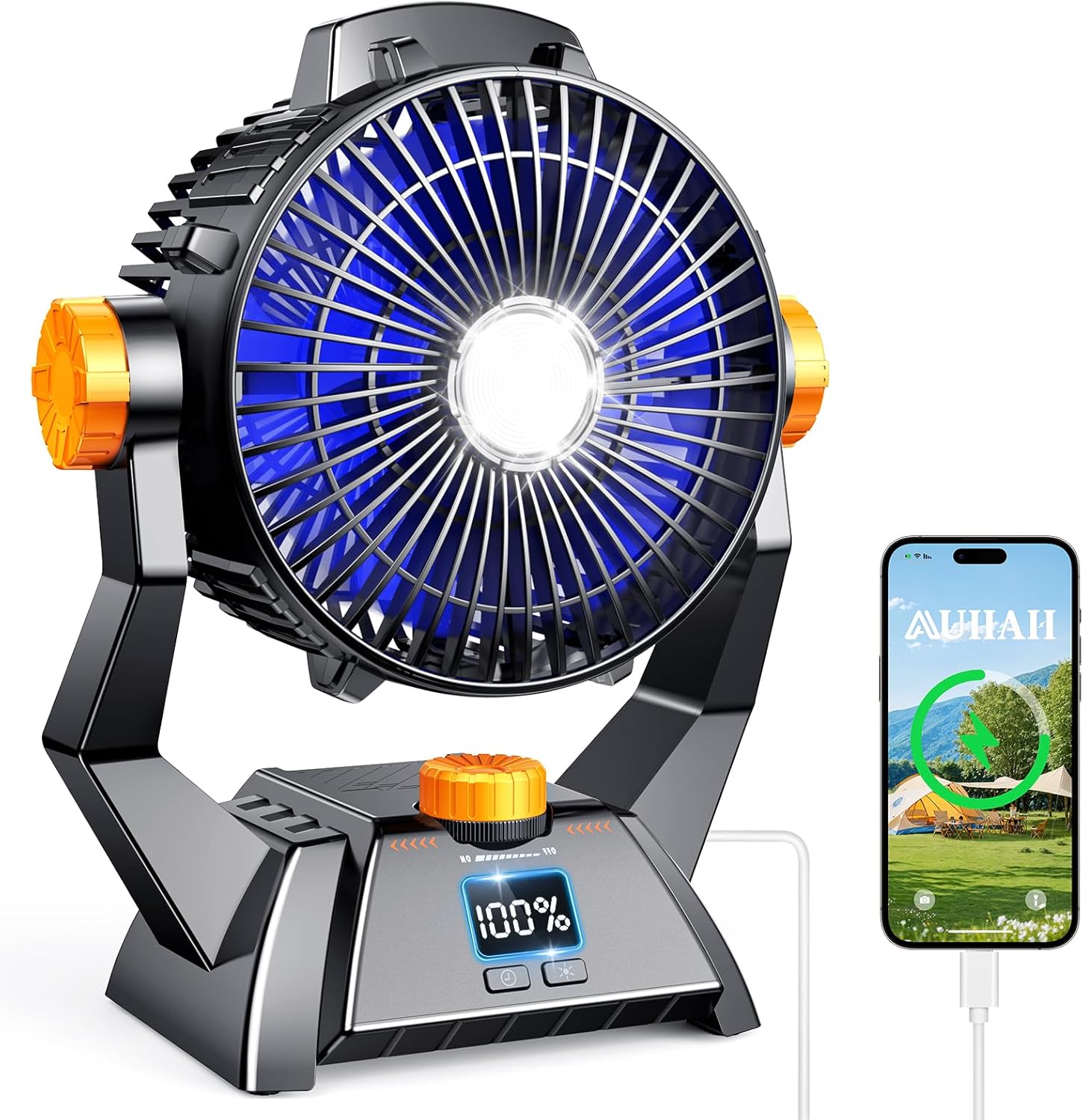 Camping Fan – Rechargeable Portable Battery Powered Camping Fans for Tents with LED Light, Power Display, Timers & 360° Hanging Hook, Ultra Quiet USB Personal Tent Fan for Fishing Travel Home Office