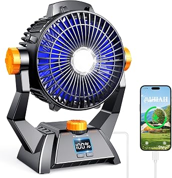 Camping Fan - Rechargeable Portable Battery Powered Camping Fans for Tents with LED Light, Power Display, Timers & 360 Hanging Hook, Ultra Quiet USB Personal Tent Fan for Fishing Travel Home Office