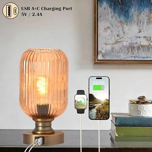 Miniatura 3 de Lámpara de mesa de cristal de mediados de siglo, lámpara de escritorio regulable, bombilla LED incluida, control táctil y puerto USB A+C, vidrio