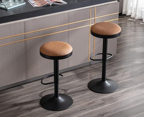 Miniatura 14 de EALSON Moderno juego de 2 taburetes de bar giratorios ajustables con altura de mostrador, con base de metal, tapizados de cuero, sillas redondas