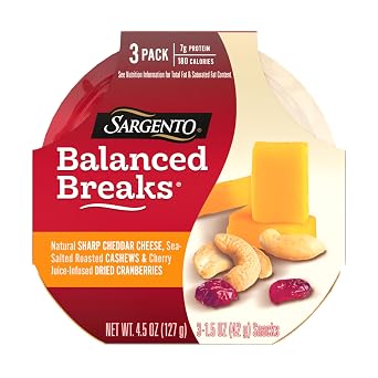 Sargento Balanced Breaks Sharp Cheddar Natural Cheese, Sea-Salted Roasted Cashews and Cherry Juice-Infused Dried Cranberries Snack Kit, 3-Pack
