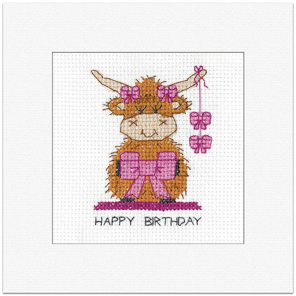 Heritage Crafts Mixed Highland Birthday Bow - Highland Cow Cross Stitch Birthday Card Kirsten Roche Designs