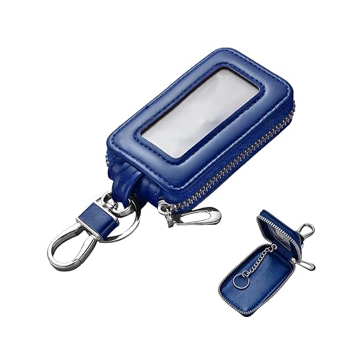 YSFER Premium Car Key Fob Case, Leather Auto Remote Key Bag with Keychain, Universal Zipper Vehicle Keychain Protector (Blue)