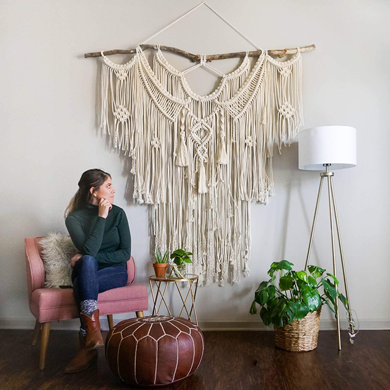 Colgante de Pared de macramé Grande,Tapiz de Pared de macramé Estilo Boho,Tapicería de Borla Hecha a Mano Algodón Natural Tejido Decoración de Pared Decoración,Beige-145x160cm