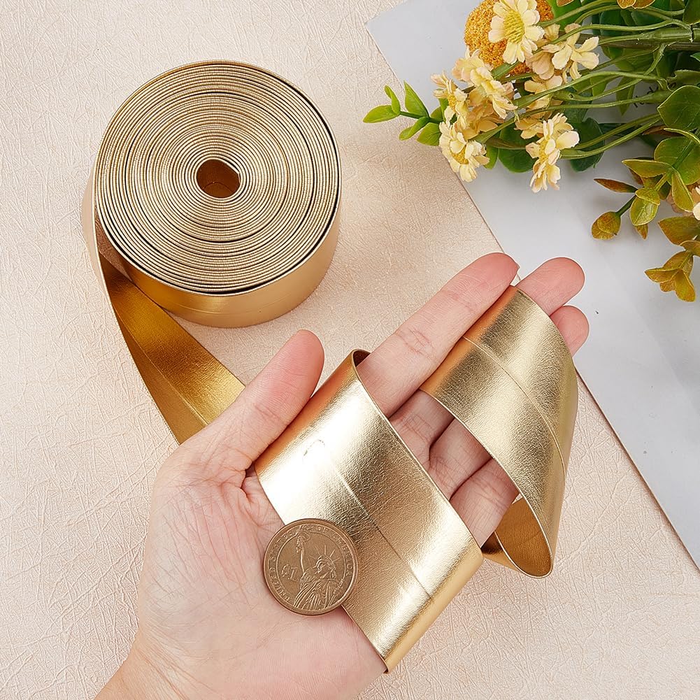 GORGECRAFT 5.5Yds Gold Metallic Leather Straps 1.6" Wide Flat Glossy Pu Leather Strip Shiny Leather Lace Stripper Beading String Ribbon Double Sided Leather Supplies Faux Cord for Craft Jewelry Cloth image 3