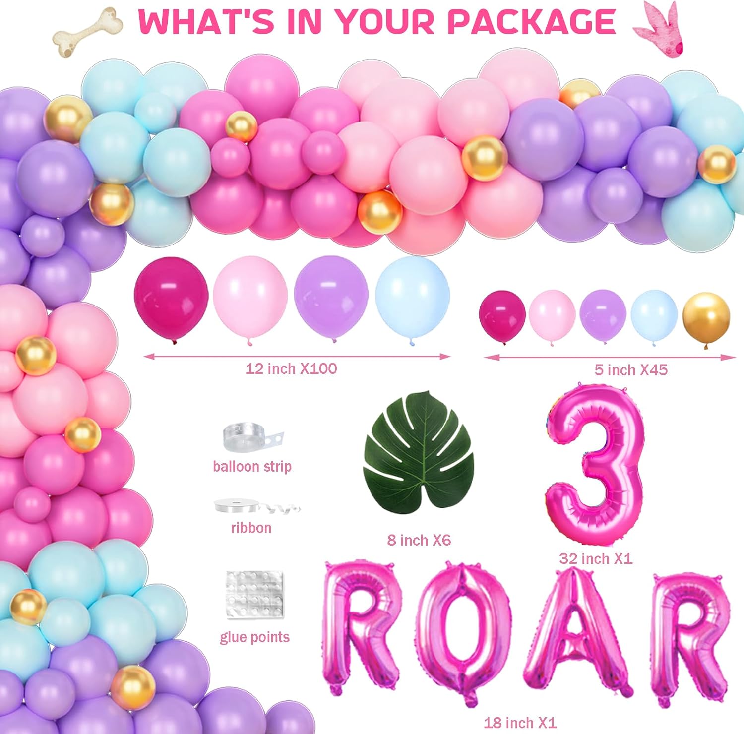 Three Rex Birthday Supplies Girl, 3rd Birthday Decorations for Girls, Pink Dinosaur Third Birthday Party Decorations, Backdrop Balloon Banner Tablecloth Cake Topper Plates Napkins Forks