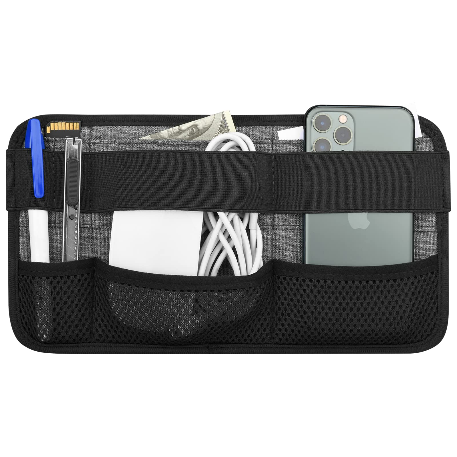 Portable Tech Organizer Attachable to Laptop for Electronics, Cables, Mouse, Power Bank, USB Adapter, Charger, Cellphone - Gray