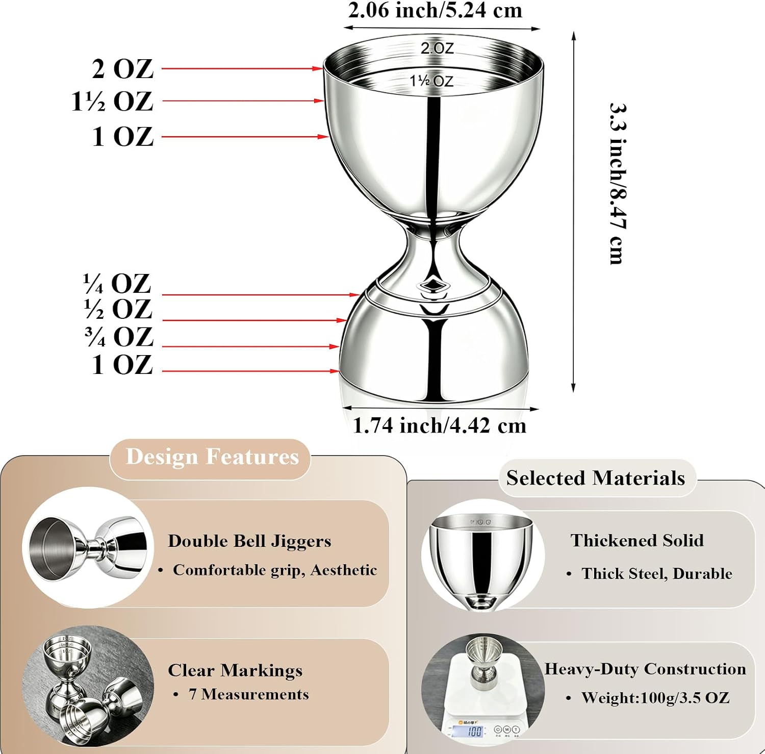 Jigger for Bartending, 2 oz 1 oz Bartender Jigger Stainless Steel, Double Cocktail Jiggers with Internal Measurements, Bar Tool for Bartending, Shot Drink Measurer for Cocktails(1Jigger - 2 Pourers）